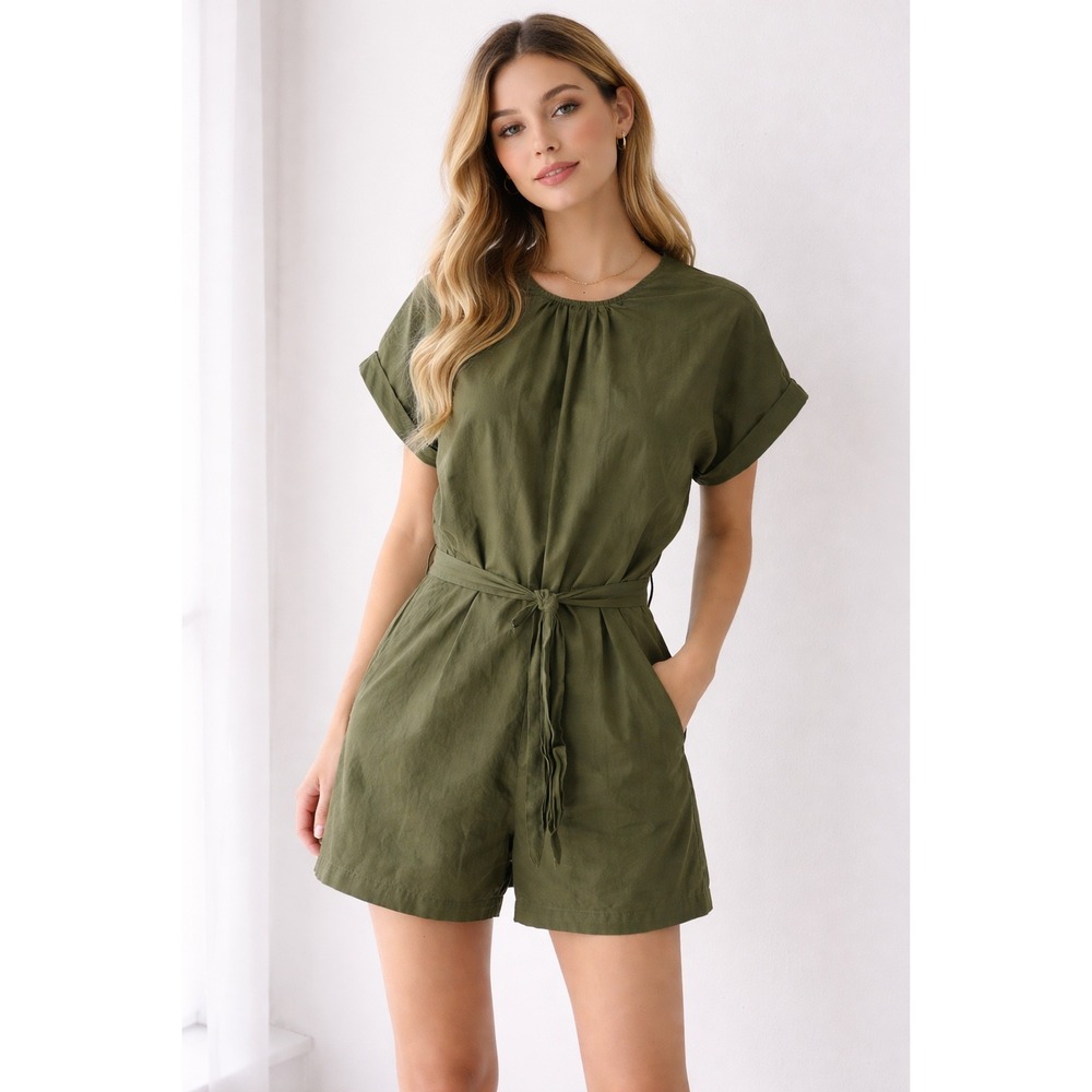 Olive Green Romper Womens XS Tie Waist Short Sleeve‎ Utility